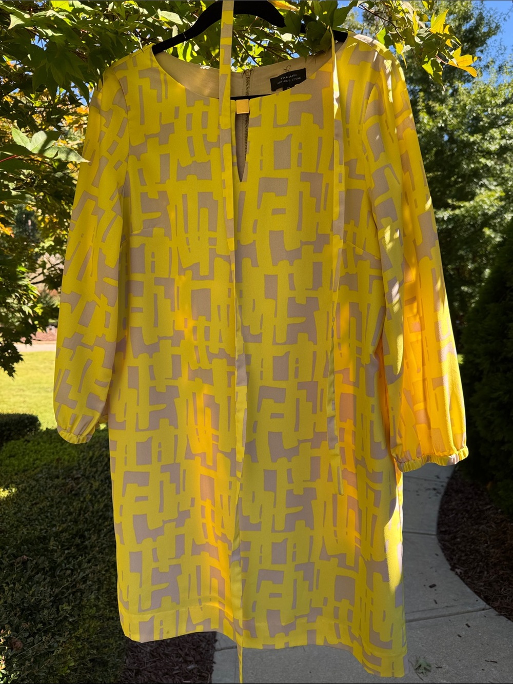 Tahari Yellow Geo-Pattern Long Sleeve Shift Dress